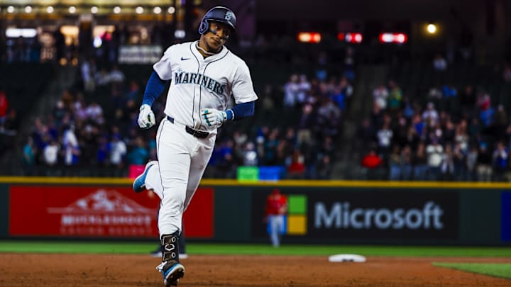 Seattle Mariners designated hitter Jorge Polanco runs after hitting a home run during a game against the Los Angeles Angels on April 29 at T-Mobile Park. Seattle Mariners designated hitter Jorge Polanco runs after hitting a home run during a game against the Los Angeles Angels on April 29 at T-Mobile Park.