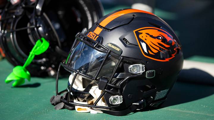 Nov 19, 2022; Tempe, Arizona, USA; Detailed view of an Oregon State Beavers helmet at Sun Devil Stadium. Mandatory Credit: Mark J. Rebilas-USA TODAY Sports Nov 19, 2022; Tempe, Arizona, USA; Detailed view of an Oregon State Beavers helmet at Sun Devil Stadium. Mandatory Credit: Mark J. Rebilas-USA TODAY Sports