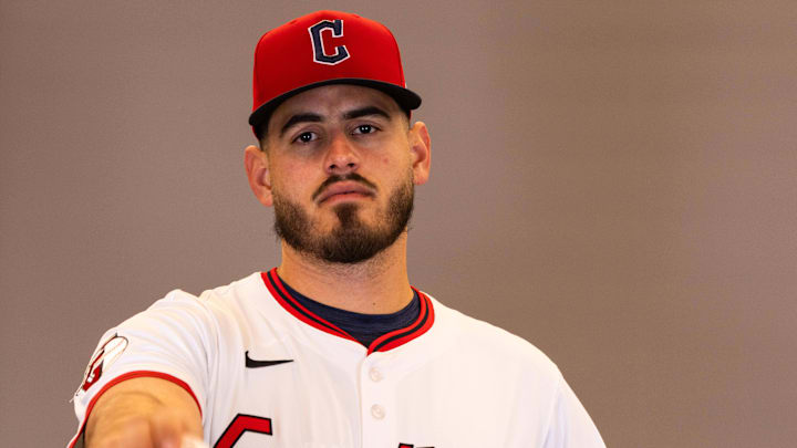 Feb 19, 2026; Goodyear, AZ, USA; Cleveland Guardians pitcher Franco Aleman (92) during media day in Goodyear. Mandatory Credit: Arianna Grainey-Imagn Images