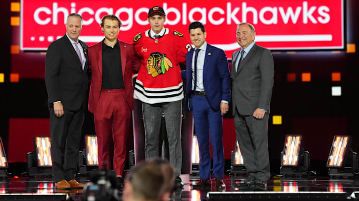 Jun 28, 2024; Las Vegas, Nevada, USA; Artyom Levshunov is selected with the 2nd overall pick in the first round of the 2024 NHL Draft by the Chicago Blackhawks at The Sphere. Mandatory Credit: Stephen R. Sylvanie-Imagn Images