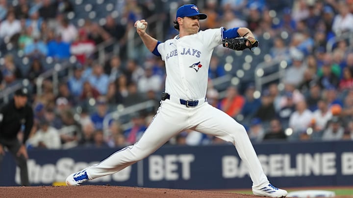 Sep 9, 2025; Toronto, Ontario, CAN; Toronto Blue Jays starting pitcher Shane Bieber (57) throws a pitch against the Houston Astros during the first inning at Rogers Centre. Sep 9, 2025; Toronto, Ontario, CAN; Toronto Blue Jays starting pitcher Shane Bieber (57) throws a pitch against the Houston Astros during the first inning at Rogers Centre.