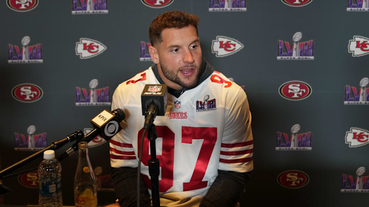 Feb 7, 2024; Las Vegas, NV, USA; San Francisco 49ers defensive end Nick Bosa (97) during a press conference before Super Bowl LVIII at Hilton Lake Las Vegas Resort and Spa. Mandatory Credit: Kyle Terada-USA TODAY Sports