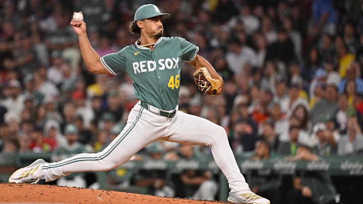 Aug 29, 2025: Boston Red Sox relief pitcher Jordan Hicks (46) pitches against the Pittsburgh Pirates during the eighth inning at Fenway Park. 