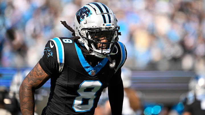 Nov 9, 2025; Charlotte, North Carolina, USA; Carolina Panthers cornerback Jaycee Horn (8) before the game at Bank of America Stadium. Mandatory Credit: Bob Donnan-Imagn Images