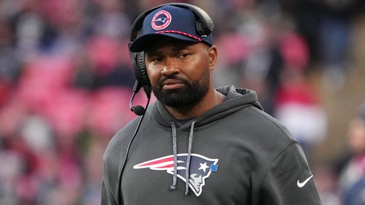 Oct 20, 2024; London, United Kingdom; New England Patriots coach Jerod Mayo watches from the sidelines against the New England Patriots in the second half of an NFL International Series game at Wembley Stadium. Mandatory Credit: Kirby Lee-Imagn Images