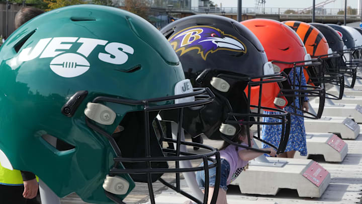 Oct 7, 2023; London, United Kingdom; Large oversized helmets of the New York Jets Baltimore Ravens, Cleveland Browns and Cincinnati Bengals at the NFL Experience London at the Battersea Power Station. Mandatory Credit: Kirby Lee-Imagn Images Oct 7, 2023; London, United Kingdom; Large oversized helmets of the New York Jets Baltimore Ravens, Cleveland Browns and Cincinnati Bengals at the NFL Experience London at the Battersea Power Station. Mandatory Credit: Kirby Lee-Imagn Images