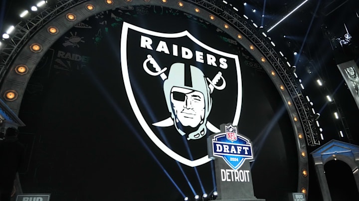 Apr 25, 2024; Detroit, MI, USA; A Las Vegas Raiders logo at the 2024 NFL Draft at Campus Martius Park and Hart Plaza. Mandatory Credit: Kirby Lee-Imagn Images