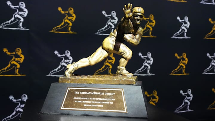 Jan 7, 2024; Houston, TX, USA; A Heisman Trophy at the College Football Playoff Fan Central at the George R. Brown Convention Center. Mandatory Credit: Kirby Lee-Imagn Images