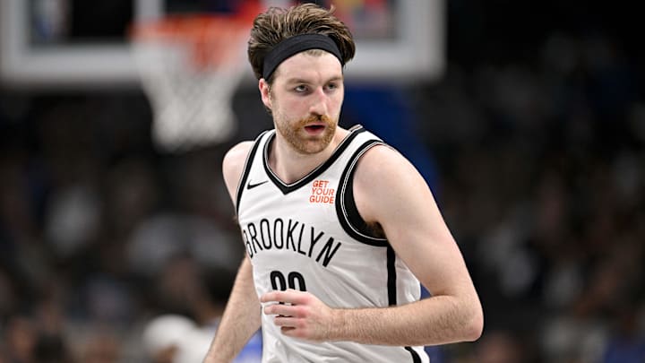 Mar 31, 2025; Dallas, Texas, USA; Brooklyn Nets forward Drew Timme (26) in action during the game between the Dallas Mavericks and the Brooklyn Nets at the American Airlines Center. Mandatory Credit: Jerome Miron-Imagn Images