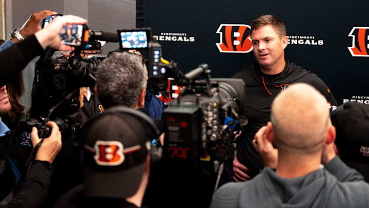 Bengals head coach Zac Taylor speaks to the media after the Bengals Rookie Mini Camp on Friday, May 9, 2025 at Paycor Stadium in Cincinnati.