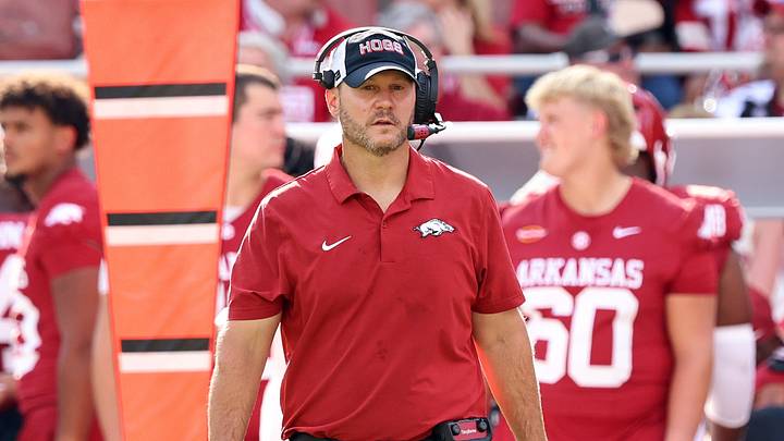 Sep 5, 2026; Fayetteville, Arkansas, USA;  Arkansas Razorbacks head coach Ryan Silverfield during the second quarter against the North Alabama Lions at Donald W. Reynolds Razorback Stadium.  Mandatory Credit: Nelson Chenault-Imagn Images