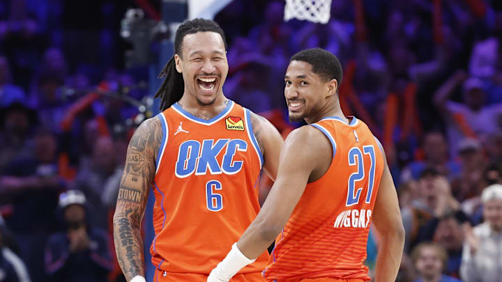 Feb 1, 2025; Oklahoma City, Oklahoma, USA; Oklahoma City Thunder forward Jaylin Williams (6) and guard Aaron Wiggins (21) celebrate after Aaron Wiggins scores against the Sacramento Kings during the second half at Paycom Center. Mandatory Credit: Alonzo Adams-Imagn Images Feb 1, 2025; Oklahoma City, Oklahoma, USA; Oklahoma City Thunder forward Jaylin Williams (6) and guard Aaron Wiggins (21) celebrate after Aaron Wiggins scores against the Sacramento Kings during the second half at Paycom Center. Mandatory Credit: Alonzo Adams-Imagn Images