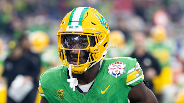 Jan 1, 2024; Glendale, AZ, USA; Oregon Ducks linebacker Jeffrey Bassa (2) against the Liberty Flames during the 2024 Fiesta Bowl at State Farm Stadium. Mandatory Credit: Mark J. Rebilas-Imagn Images
