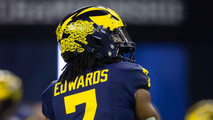 Jan 8, 2024; Houston, TX, USA; Detailed view of the jersey of Michigan Wolverines running back Donovan Edwards (7) against the Washington Huskies during the 2024 College Football Playoff national championship game at NRG Stadium. Mandatory Credit: Mark J. Rebilas-USA TODAY Sports Jan 8, 2024; Houston, TX, USA; Detailed view of the jersey of Michigan Wolverines running back Donovan Edwards (7) against the Washington Huskies during the 2024 College Football Playoff national championship game at NRG Stadium. Mandatory Credit: Mark J. Rebilas-USA TODAY Sports
