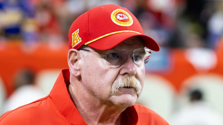 Feb 9, 2025; New Orleans, LA, USA;  Kansas City Chiefs head coach Andy Reid against the Philadelphia Eagles in Super Bowl LIX at Ceasars Superdome. Mandatory Credit: Mark J. Rebilas-Imagn Images