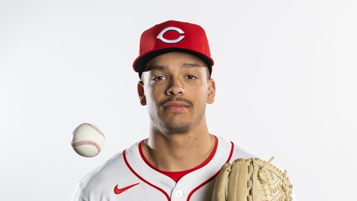 Goodyear, AZ, USA; Cincinnati Reds pitcher Chase Burns poses for a portrait during Media Day at the Cincinnati Reds Development Complex. Goodyear, AZ, USA; Cincinnati Reds pitcher Chase Burns poses for a portrait during Media Day at the Cincinnati Reds Development Complex.