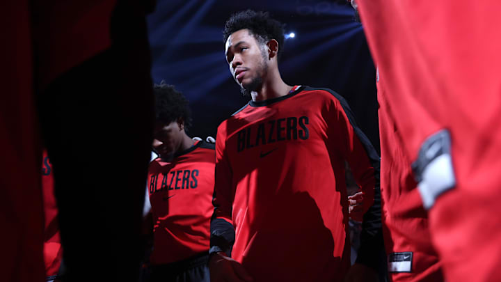 Nov 10, 2024; Portland, Oregon, USA;  Portland Trail Blazers guard Anfernee Simons (1) huddles with teammates before the Trail Blazers play Memphis Grizzlies at Moda Center. Mandatory Credit: Jaime Valdez-Imagn Images