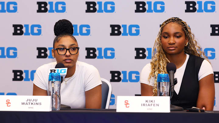 Oct 2, 2024; Rosemont, IL, USA; USC guard JuJu Watkins and USC forward Kiki Iriafen take a question at the podium during the 2024 Big Ten Womenís Basketball media day at Donald E. Stephens Convention Center. Mandatory Credit: Melissa Tamez-Imagn Images