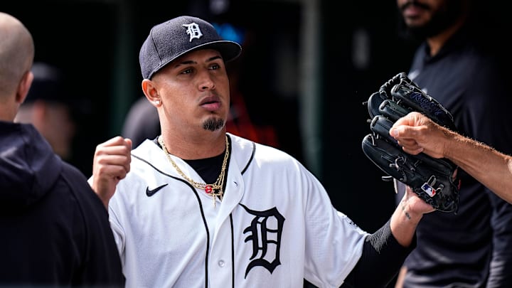 Detroit Tigers pitcher Keider Montero (54) high-fives teammates in the dugout after pitching change during the seventh inning against Kansas City Royals at Comerica Park in Detroit on Thursday, April 16, 2026.