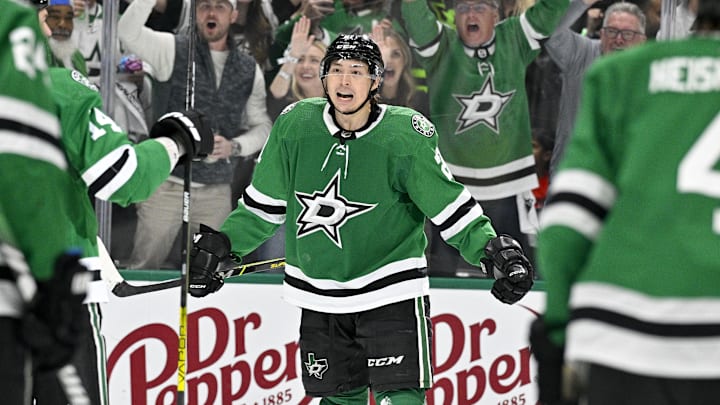 May 1, 2024; Dallas, Texas, USA; Dallas Stars left wing Jason Robertson (21) celebrates after he scores a goal on a power play against the Vegas Golden Knights during the second period in game five of the first round of the 2024 Stanley Cup Playoffs at the American Airlines Center. Mandatory Credit: Jerome Miron-Imagn Images