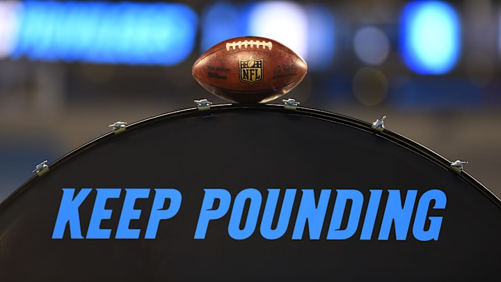 Nov 13, 2017; Charlotte, NC, USA; A football sits on top of the Carolina Panthers Keep Pounding drum before the game at Bank of America Stadium. Mandatory Credit: Bob Donnan-Imagn Images