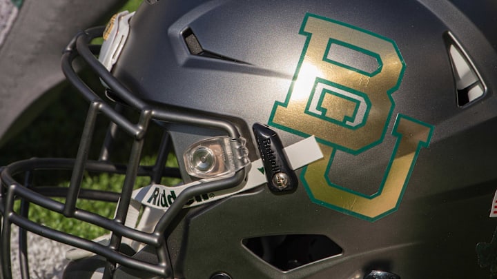 Oct 17, 2015; Waco, TX, USA; A detailed view of a Baylor Bears helmet before the game between the Bears and the West Virginia Mountaineers at McLane Stadium. The Bears defeat the Mountaineers 62-38.