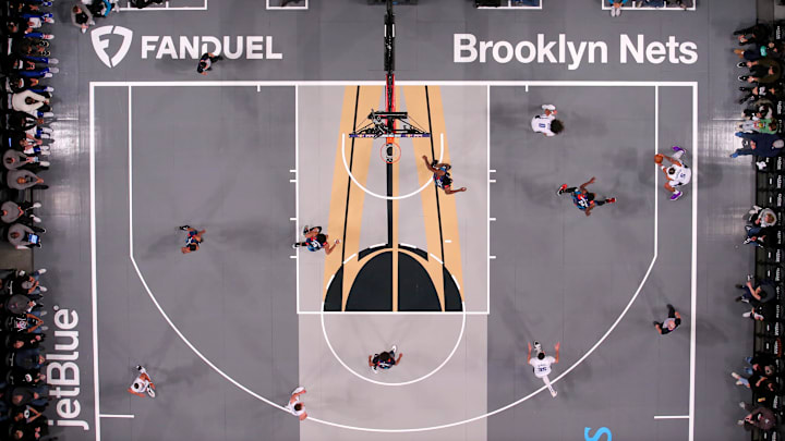 Nov 14, 2023; Brooklyn, New York, USA; General view of the floor during the first quarter between the Brooklyn Nets and the Orlando Magic at Barclays Center. Mandatory Credit: Brad Penner-Imagn Images