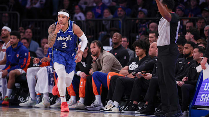Jan 15, 2024; New York, New York, USA; Orlando Magic forward Chuma Okeke (3) reacts after a three point basket during the second half against the New York Knicks at Madison Square Garden. Mandatory Credit: Vincent Carchietta-Imagn Images 