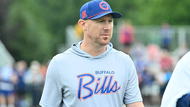 Buffalo Bills head coach Joe Brady leaves the field after a training camp session at St. John Fisher University. Buffalo Bills head coach Joe Brady leaves the field after a training camp session at St. John Fisher University.