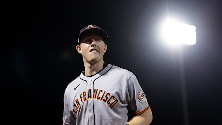 Nov 9, 2025; Mesa, AZ, USA; San Francisco Giants infielder Parks Harber during the Arizona Fall League Fall Stars Game at Sloan Park. Mandatory Credit: Mark J. Rebilas-Imagn Images