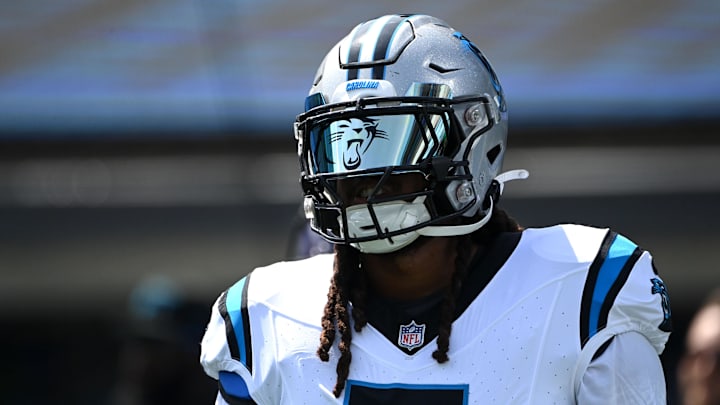 Aug 12, 2023; Charlotte, North Carolina, USA; Carolina Panthers linebacker Shaq Thompson (7) during pregame at Bank of America Stadium. Mandatory Credit: Bob Donnan-Imagn Images