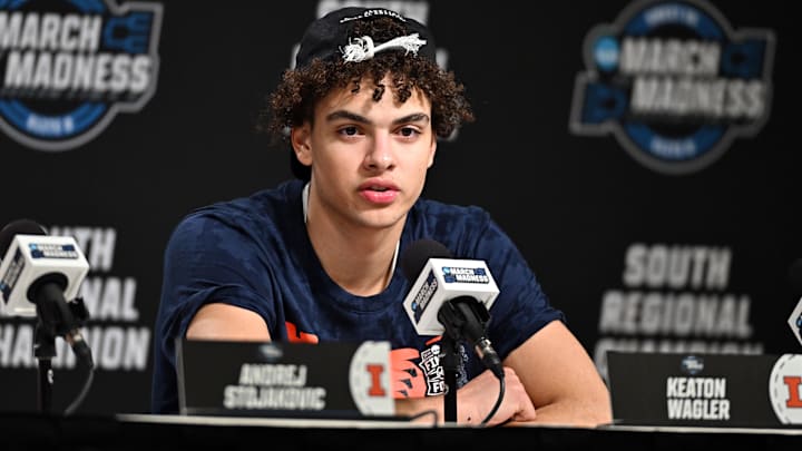 Mar 28, 2026; Houston, TX, USA; Illinois Fighting Illini guard Keaton Wagler (23) speaks in a press conference after defeating the Iowa Hawkeyes in an Elite Eight game of the South Regional of the men's 2026 NCAA Tournament at Toyota Center. Mandatory Credit: Maria Lysaker-Imagn Images