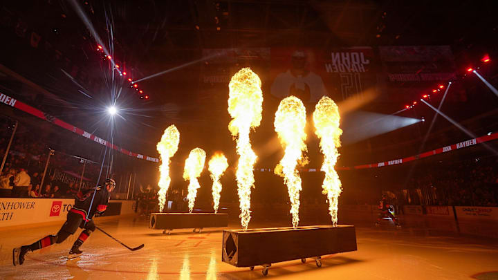 John Hayden takes the ice during introductions for the Coachella Valley Firebirds before their game against the Tuscon Roadrunners at Acrisure Arena in Palm Desert, Calif., Feb. 19, 2025.
