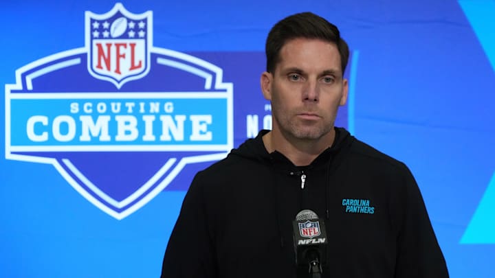 Feb 27, 2024; Indianapolis, IN, USA; Carolina Panthers general manager Dan Morgan speaks at a press conference during the NFL Scouting Combine at Indiana Convention Center.