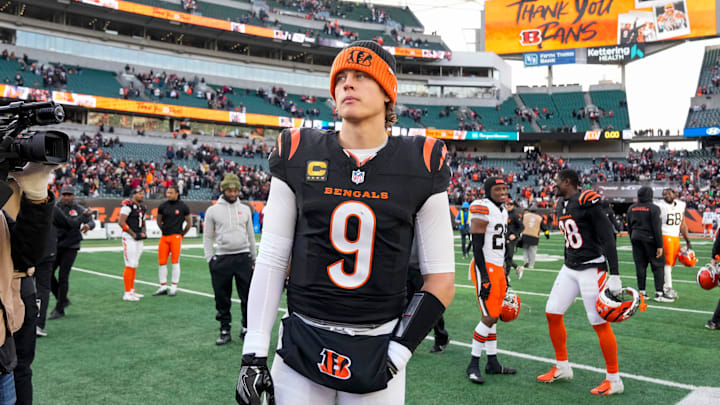 Cincinnati Bengals quarterback Joe Burrow (9) looks for hands to shake after the fourth quarter of the NFL Week 18 game between the Cincinnati Bengals and the Cleveland Browns at Paycor Stadium in Downtown Cincinnati on Sunday, Jan. 4, 2026. The Browns kicked a last second field goal to win 20-18.