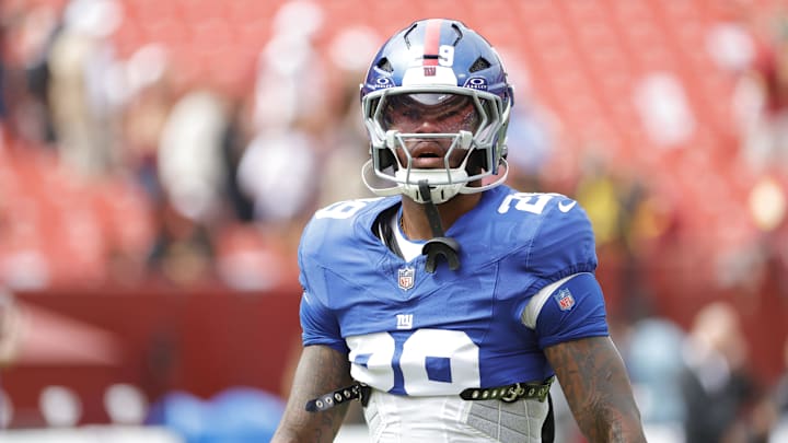 Sep 7, 2025; Landover, Maryland, USA; New York Giants running back Tyrone Tracy Jr. (29) looks on from the field prior to the game against the Washington Commanders at Northwest Stadium. Mandatory Credit: Amber Searls-Imagn Images