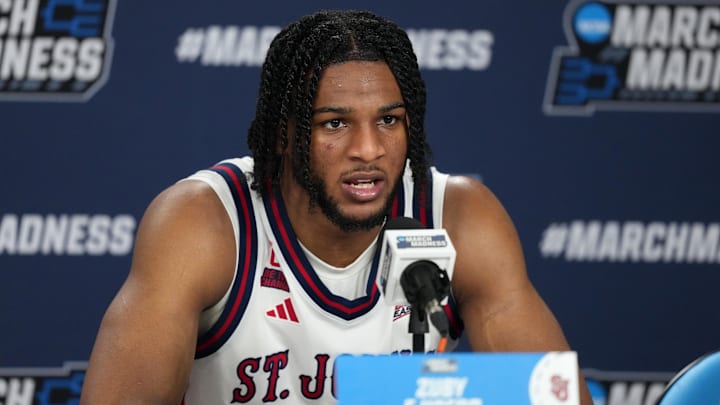 Mar 20, 2026; San Diego, CA, USA; St. John's Red Storm forward Zuby Ejiofor (24) talks in a press conference after a first round game of the men's 2026 NCAA Tournament against the Northern Iowa Panthers at Viejas Arena. Mandatory Credit: Kirby Lee-Imagn Images