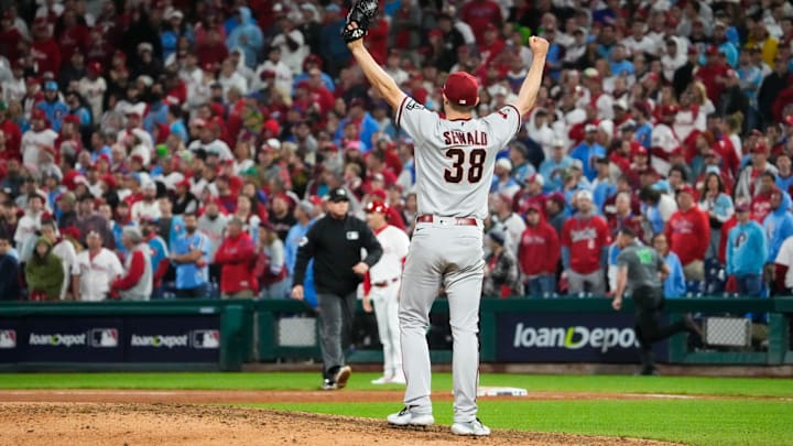 Arizona Diamondbacks relief pitcher Paul Sewald (38) reacts after defeating the Philadelphia Phillies in game seven of the NLCS at Citizens Bank Park in Philadelphia on Oct. 24, 2023. Arizona Diamondbacks relief pitcher Paul Sewald (38) reacts after defeating the Philadelphia Phillies in game seven of the NLCS at Citizens Bank Park in Philadelphia on Oct. 24, 2023.