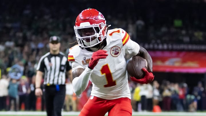 Feb 9, 2025; New Orleans, LA, USA;  Kansas City Chiefs wide receiver Xavier Worthy (1) against the Philadelphia Eagles in Super Bowl LIX at Ceasars Superdome. Mandatory Credit: Mark J. Rebilas-Imagn Images