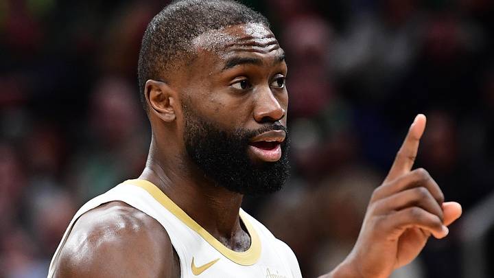 Jan 7, 2026; Boston, Massachusetts, USA; Boston Celtics guard Jaylen Brown (7) reacts towards an official during the first half against the Denver Nuggets at TD Garden. Mandatory Credit: Bob DeChiara-Imagn Images