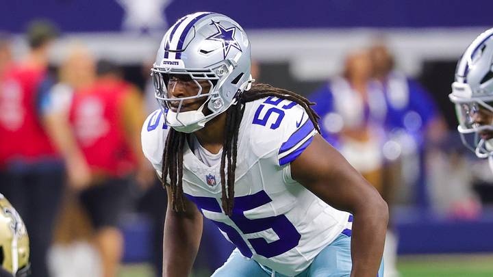 Dallas Cowboys linebacker Jaishawn Barham (55) on defense during the first half against the New Orleans Saints at AT&T Stadium. Dallas Cowboys linebacker Jaishawn Barham (55) on defense during the first half against the New Orleans Saints at AT&T Stadium.
