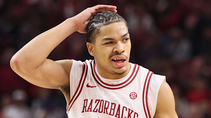 Jan 3, 2026; Fayetteville, Arkansas, USA; Arkansas Razorbacks guard Darius Acuff Jr (5) reacts after a play against the Tennessee Volunteers during the second half at Bud Walton Arena.  Mandatory Credit: Nelson Chenault-Imagn Images