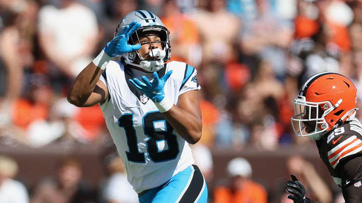 Sep 27, 2026; Cleveland, Ohio, USA; Carolina Panthers wide receiver Jalen Coker (18) makes a catch defended by Cleveland Browns cornerback Mekhi Blackmon (29) during the second quarter at Huntington Bank Field. Mandatory Credit: Scott Galvin-Imagn Images Sep 27, 2026; Cleveland, Ohio, USA; Carolina Panthers wide receiver Jalen Coker (18) makes a catch defended by Cleveland Browns cornerback Mekhi Blackmon (29) during the second quarter at Huntington Bank Field. Mandatory Credit: Scott Galvin-Imagn Images