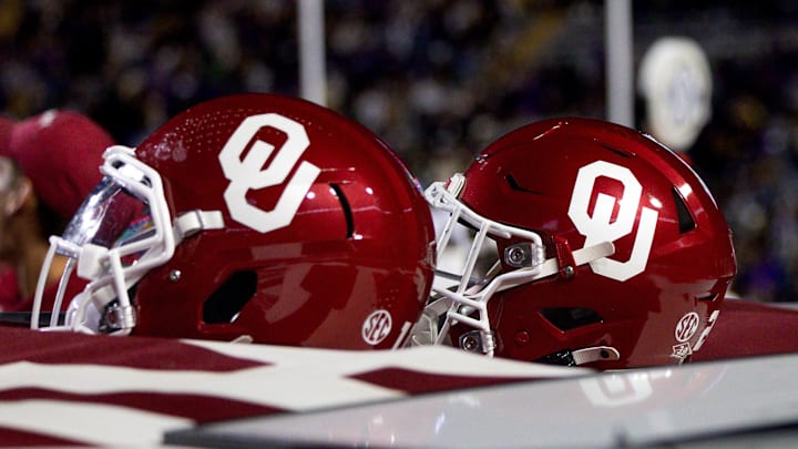 Nov 30, 2024; Baton Rouge, Louisiana, USA; Detailed view of the Oklahoma Sooners helmets on a time out against the LSU Tigers during the second quarter at Tiger Stadium. Mandatory Credit: Stephen Lew-Imagn Images