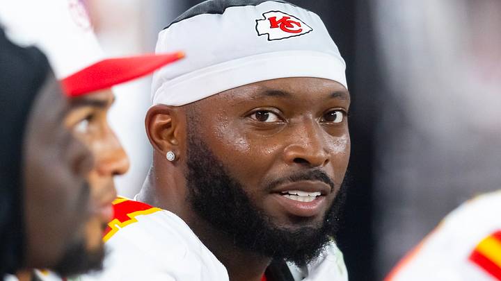 Aug 9, 2025; Glendale, Arizona, USA; Kansas City Chiefs safety Mike Edwards (34) against the Arizona Cardinals during a preseason NFL game at State Farm Stadium. Mandatory Credit: Mark J. Rebilas-Imagn Images