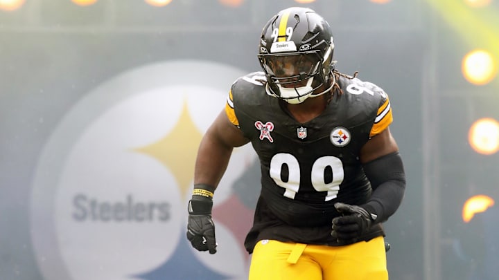 Dec 25, 2024; Pittsburgh, Pennsylvania, USA;  Pittsburgh Steelers defensive tackle Larry Ogunjobi (99) takes the field against the Kansas City Chiefs at Acrisure Stadium. Mandatory Credit: Charles LeClaire-Imagn Images
