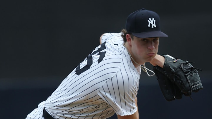 Mar 16, 2025; Tampa, Florida, USA; New York Yankees starting pitcher Cam Schlittler (76) throws a pitch during the second inning against the Pittsburgh Pirates at George M. Steinbrenner Field. Mandatory Credit: Kim Klement Neitzel-Imagn Images
