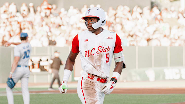 3B Sherman Johnson looks at his dugout after hitting a home run in NC State's 10-4 victory over Duke on Friday, April 10, 2026. 