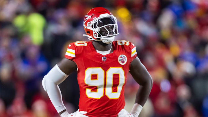 Jan 26, 2025; Kansas City, MO, USA; Kansas City Chiefs defensive end Charles Omenihu (90) against the Buffalo Bills in the AFC Championship game at GEHA Field at Arrowhead Stadium. Mandatory Credit: Mark J. Rebilas-Imagn Images