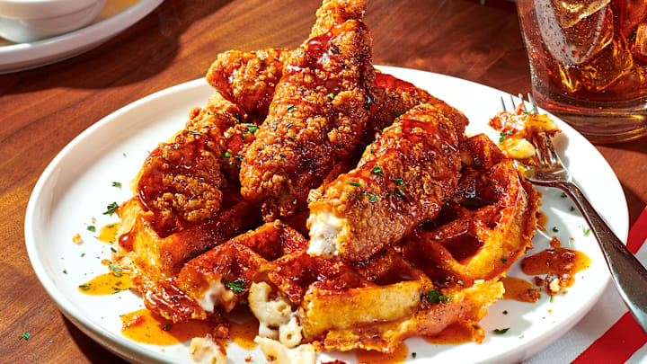 TGI Fridays’ Newest Menu Item Bakes Mac & Cheese Into a Waffle. Image Credit to TGI Fridays. 